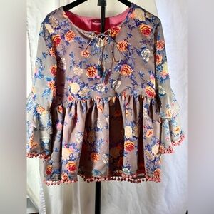 Elegant Floral Tunic with Pom-Pom Details